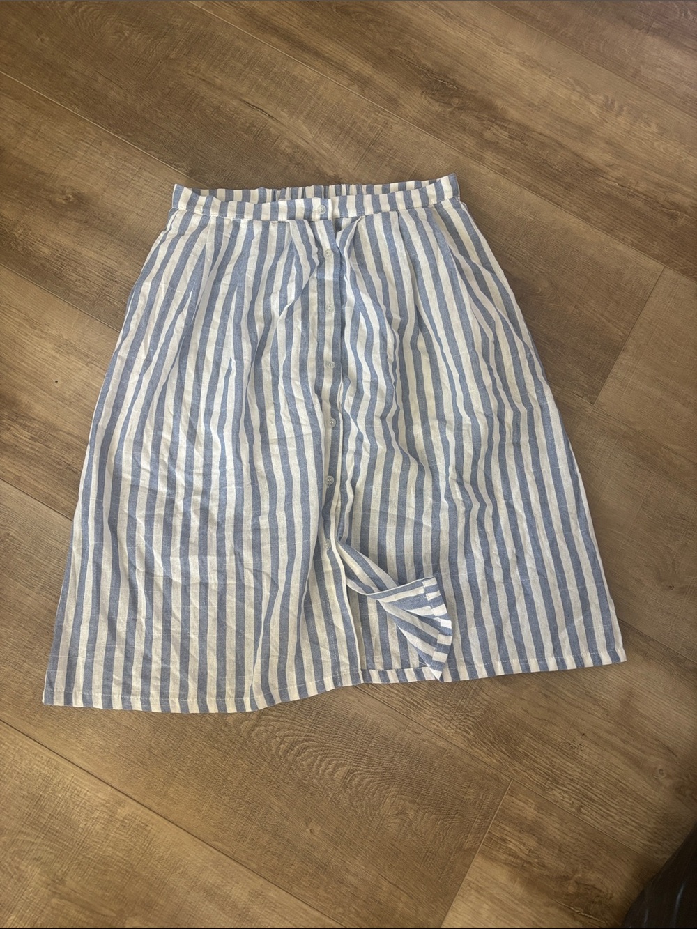 Blue and White Striped Button-Front Midi Skirt
